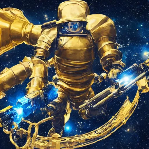 Prompt: a portrait of a man with gold armor on, in space, holding a mini gun, blue electric outline, ultra real