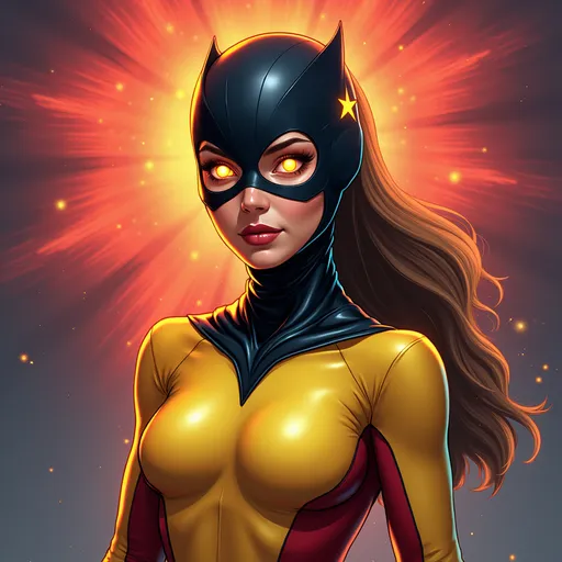 Prompt: superheroine in a  bright tight superhero outfit with a tight fitting head covering superhero mask (((covering hair, head, and face))), with glowing eye holes, realistic comic book themed background.