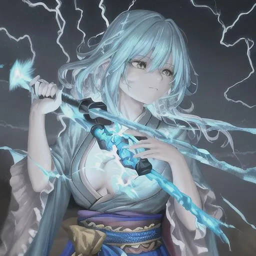 Prompt: oil painting, UHD, 8k, Very detailed, panned out, female lightning elemental with flesh that is bluemade of lightning, visible face she is made of lightning, she has flowing hair lighting coming from it, she wears a turquoise Japanese hanbok, a turquoise cloth across her chest, she hold a hammer which lightning is radiating from it, 