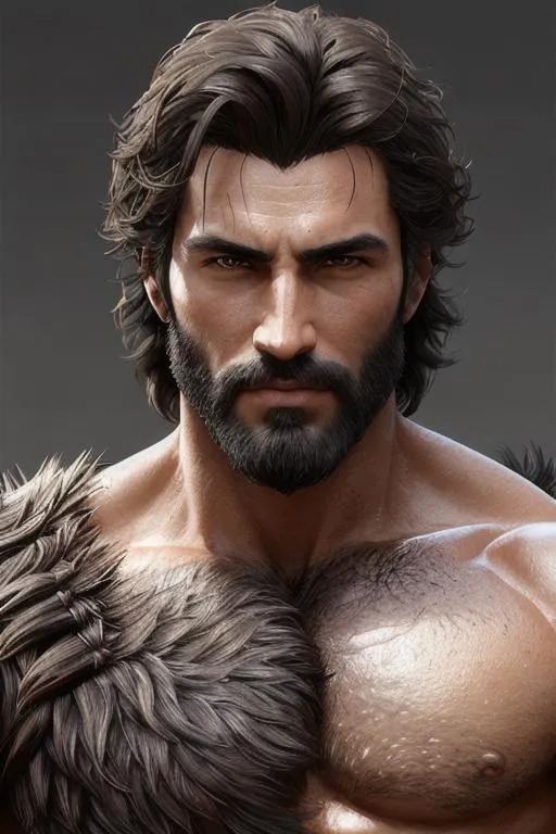 Prompt: portrait of male warrior with black hair and with rugged face, very hairy chest, very hairy armpits, arena, perfect composition, hyperrealistic, super detailed, 8k, high quality, trending art, trending on artstation, sharp focus, studio photo, intricate details, highly detailed, by greg rutkowski