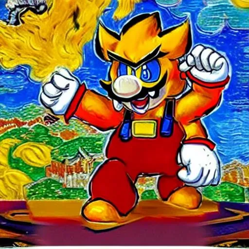 Prompt: Bowser  fighting Mario from super Mario bro original Mario bro game red outfit finale final boss battle stand off n the style of Van Gogh style mixed media painting oil on canvas the final showdown in bowsers castle fight fireball 