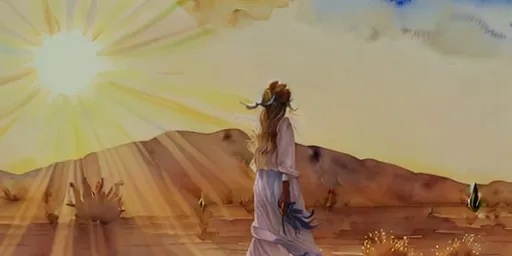 Prompt: watercolour painting woman walking in the desert, sun shine rays