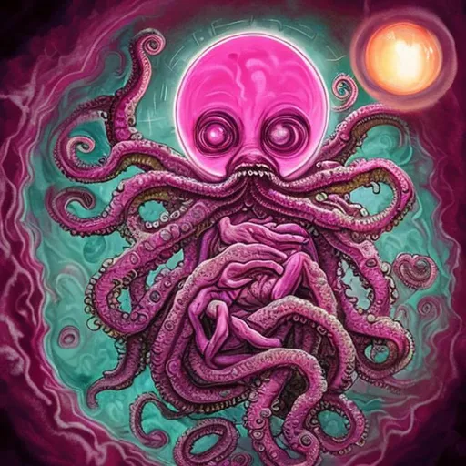 Prompt: lovecraftian, curled up sleeping fetus within the center of a very bright ball of light, glowing magenta