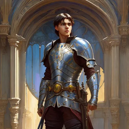 Prompt: young man, Knight, Greg Rutkowski, John William Waterhouse, Alphonse Mucha,. vibrant colors, full hd, high quality, 4k, trending on artstation, oil painting, symmetrical, intricate, highly detailed