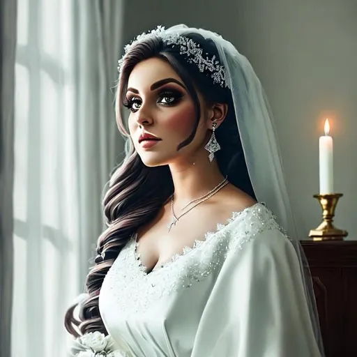 Prompt: Womaa bride wearing white with a hair covering, wearing pretty makeup,  soft candle light, facial closeup