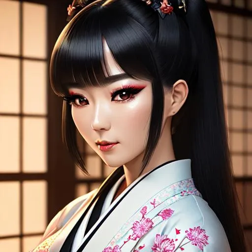 Prompt: (masterpiece), realistic, tunning hyperrealistic photograph, extremely detailed photo of an amazing Incredibly japanese 26-year-old girl, kimono, perfect body proportion, b-cup, short straight black pony-tailed hair, bangs, highly Detailed skin textures, a perfect detailed face with bright makeup, highly detailed symmetric dark eyes with circular iris, octane render, intricately detailed, trending on art station, Isometric, hyper realistic cover photo, awesome full color, hand-drawn, high definition, cinematic, neoprene, style, 8 life-size, 8k Resolution, curiously complete, elegant,  dynamic, highly detailed, character sheet, concept art, smooth, positioned so that their bodies are symmetrical and balanced directly towards the viewer, smile