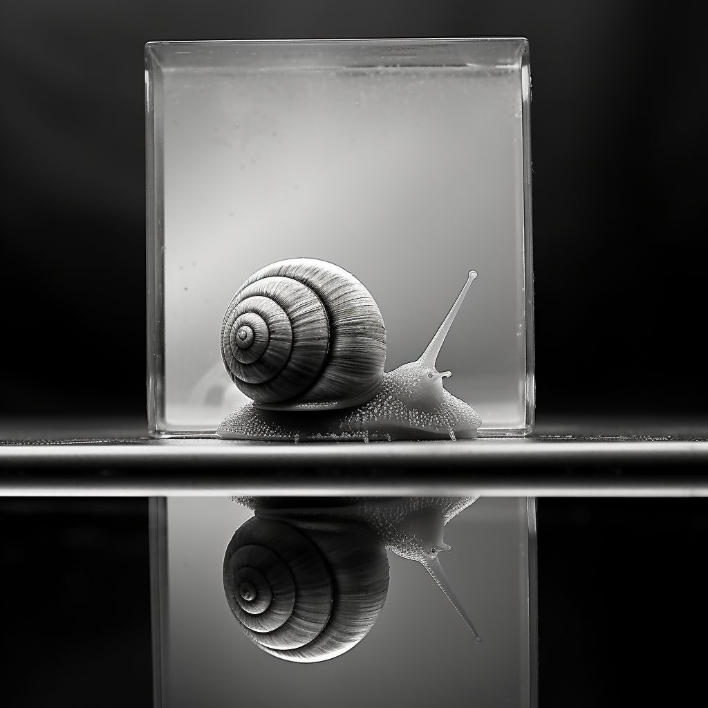 Prompt: black and white macro photo of a snail inside a mirror box