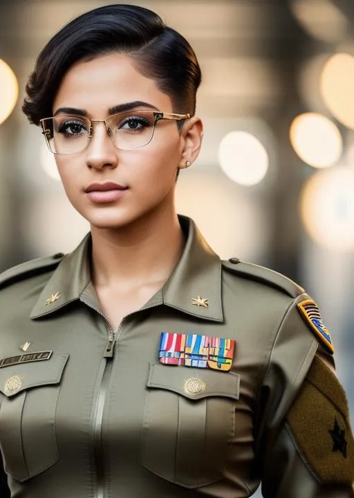 Prompt: A young beautiful army,20 years old ukraine latin female,elegant short hair,pretty eyes,glossy lips,army suit,wearing glasses,focus,cool pose,cinematic lighting,golden hour photography,army base,64k,UHD,highly realistic,ultra realistic,dynamic potrait,cinematic,photorealistic,