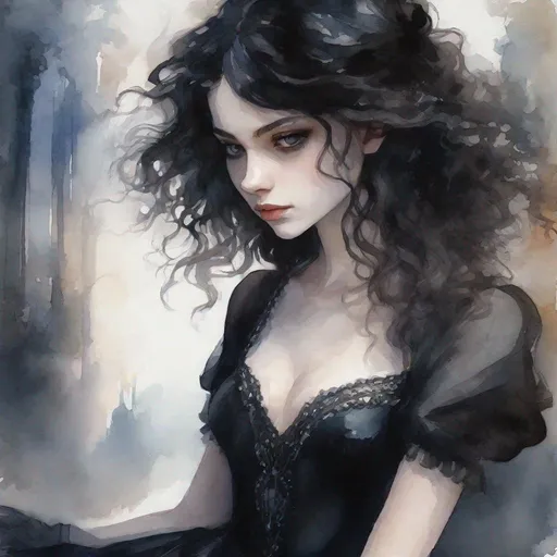Prompt: A young adult girl in black dance dress. very pale skin, dark very shorts hairs. Changeling the dreaming art. rpg art. 2d art. 2d watercolor art. 