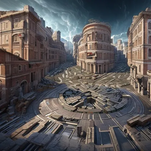 Prompt: Create a digital renaissance a unique concept of Roman Empire art transitioning into an intersection with a futuristic concept as if it took place in 2080 at the peak of human evolution and technological advancement.
