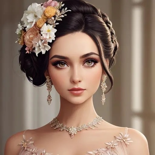 Prompt: Beautiful woman portrait wearing an ecru evening gown, elaborate updo hairstyle adorned with flowers, facial closeup