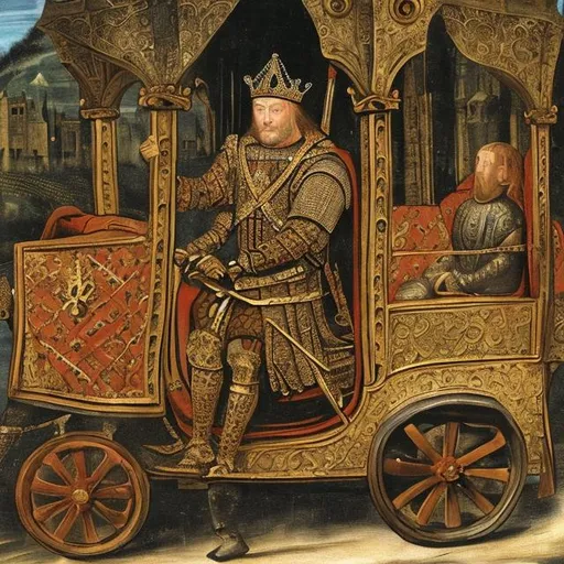 Prompt: Medieval king driving a car, dressed in brocate, oil painting, 16th century