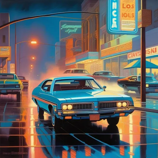 Prompt: 1970s, Los Angeles at night, neon, car chase, rain, fog, cold blue atmosphere, cartoony style, extremely detailed painting by Greg Rutkowski and by Henry Justice Ford and by Steve Henderson