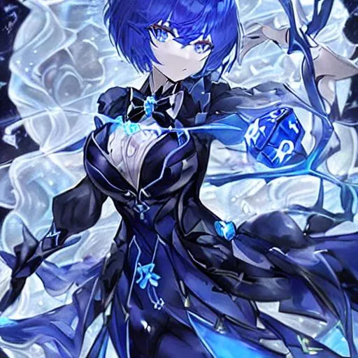 Prompt: #Character Yelan#. She is holding a bow in one hand and a glowing blue dice in her other hand. She is wearing a dark blue suit. She has short uneven hair and big glowing gradient blue eyes. She has kind eyes and she is focused. She is wearing black tights. Best Quality