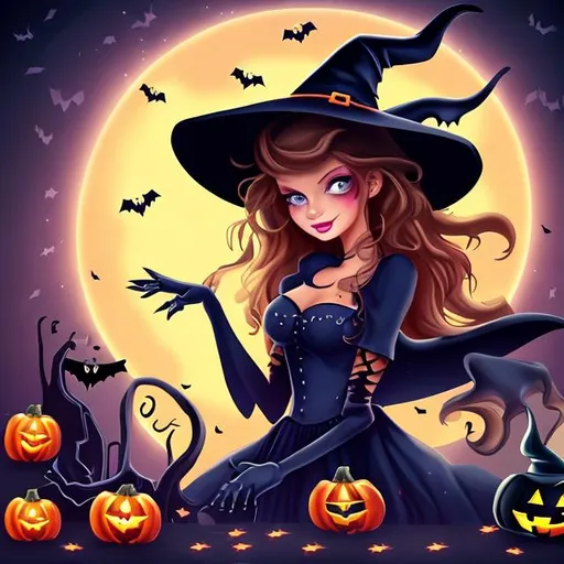 Prompt: Pretty witch with Halloween background