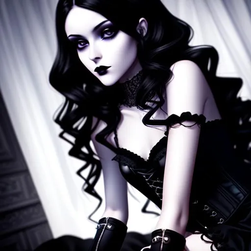 Prompt: skinny young goth girl, full body image, hype realistic masterpiece, dark makeup, black lipstick, eyeliner, long wavy cobalt hair, hand out, flat chested,

at night, evening, seductive on bed in gothic bedroom, hyper realistic detailed lighting, hyper realistic shadows,

black corset, boots, hype realistic masterpiece, smooth soft pale skin, big dreamy eyes, beautiful wavy hair, symmetrical, anime wide eyes, soft lighting, detailed face, wlop, rossdraws, concept art, digital painting, looking up into camera,

hyper realistic masterpiece, highly contrast, sharp focus, digital painting, digital art, clean art, professional, contrast color, contrast, colorful, rich deep color, dynamic light, deliberate, concept art, highly contrast light, hyper detailed, super detailed, render, CGI winning award, hyper realistic, ultra realistic, UHD, HDR, 64K, RPG, inspired by wlop, rossdraws, UHD render, HDR render