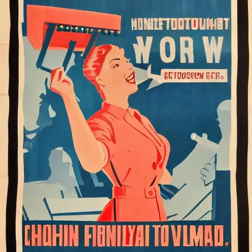 Prompt: Old-fashioned propaganda poster with a woman typing. 