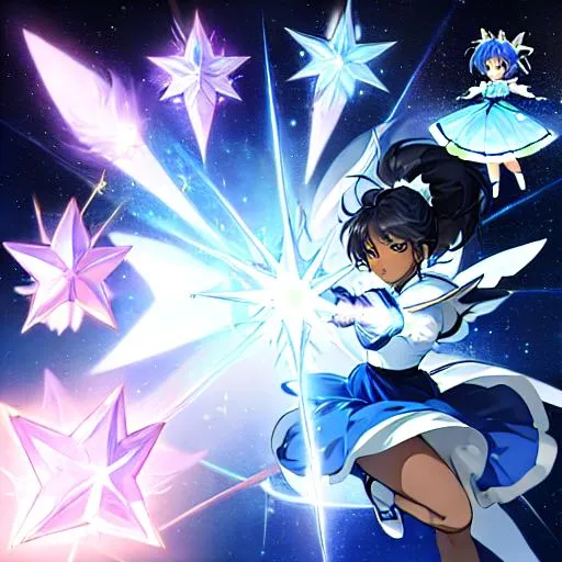 Prompt: A character sheet of an anime magical girl with  hair and dark skin, covered in stars. blue accents on outfit. holding a wand Concept Art. puffy skirt. Card captor Sakura inspired.  reference sheet, different expressions,  different poses, concept sheet,  beautiful face, ponytail