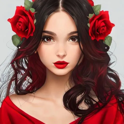 Prompt: Girl wearing red with roses in her hairlWith red roses