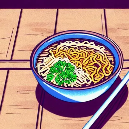 Prompt: cat eating ramen bowl filled with noodles detailed picture pastel retro style 4k