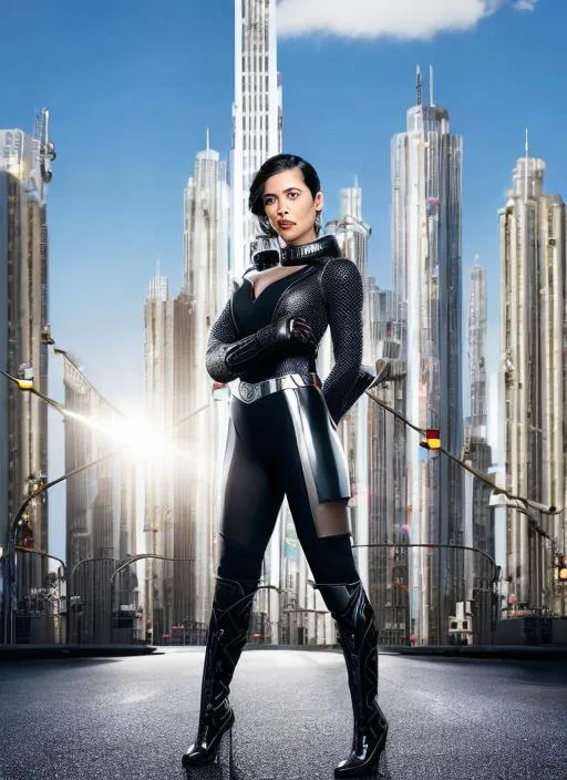 Prompt: Portrait of #3238 woman with silver and black hair and with cute face, neon city background, perfect composition, hyperrealistic, super detailed, 8k, high quality, trending art, trending on artstation, sharp focus, studio photo, intricate details, highly detailed, by Frank Miller, Zack Snyder, Lisa Frank