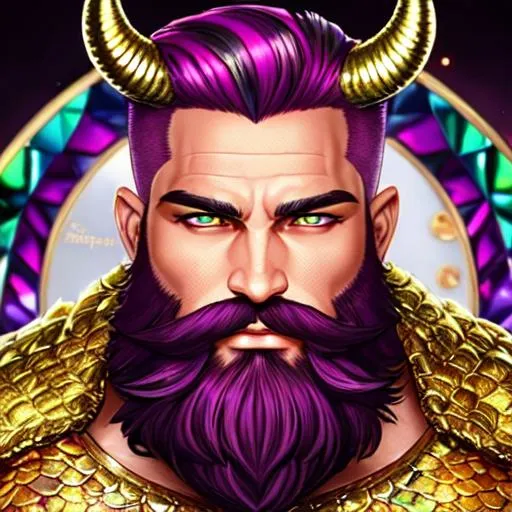 Prompt: hyper-muscular super handsome,  golden-vermilion skinned alien male adult gods, scaly reptilian skin, iridescent colored scales, magenta hair and bright green sparkly beards, realistic, accurate fine facial features, dynamic, defined, confirmed, conformed, fabulous, gorgeous, cropped beard, bald head, black horns on head