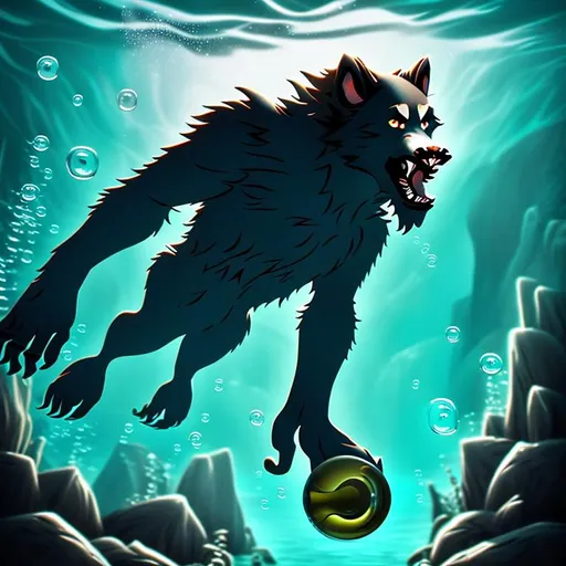 Prompt: Werewolf breathing out bubbles swimming underwater