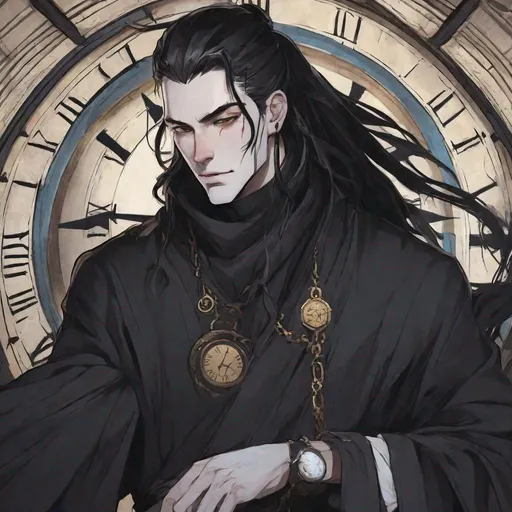 Prompt: dnd a man with pale white skin and long black hair in a man bun wearing black robes in a clock tower god of death and time