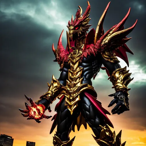 Prompt: (mega garuda dragon detailed) (4x+anime) gold garuda god standing, 100 feet tall, (black and red armor) (Black and red lightning blot imprint) black and red lightning skies. large sword in his hand, burning city behind,
deformed fingers, deformed hands, cropped, worst quality, low quality, jpeg artifacts, out of frame, watermark, signature, deformed, ugly, mutilated, disfigured, text, extra limbs, face cut, head cut, extra fingers, extra arms, poorly drawn face, mutation, bad proportions, cropped head, malformed limbs, mutated hands, fused fingers, long neck, illustration, painting, drawing, art, sketch, long hair, fused limb, wings, morphed face, multiple legs, 
