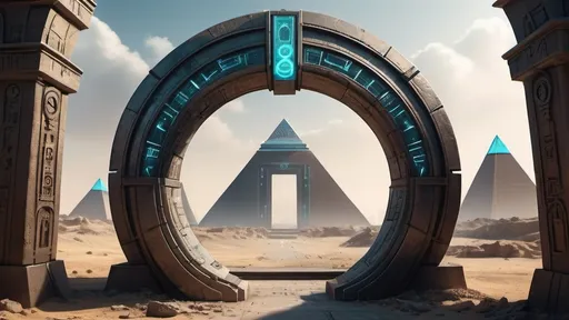 Prompt: small circular portal, gateway between cities realms worlds kingdoms, ring standing on edge, freestanding ring, hieroglyphs on ring, complete ring, obelisks, pyramids, city plaza, panoramic view, futuristic cyberpunk dystopian setting