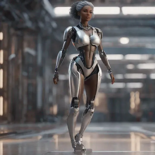 Prompt: Full body in the shot. Epic. ((Ultra-detailed depiction)). (Beautiful and aesthetic:1.2). a humanoid Gynoid ((robotic limbs)), a dark-skinned woman, with gray hair {pixie style haircut}, exposed wiring. dynamic pose, highly detailed, masterpiece. realistic proportions, correct proportions, anatomically correct hands. Sitting on top of an abandoned hotel rooftop. neighborhood by a canal, Intricate details, Shimmering light reflections. palm trees, rice fields, hibiscus, plumeria.