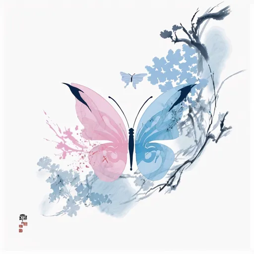 Prompt: perfume,different shapes,pink butterfly,pink,light blue,harmonious color combination,Butterfly pattern,flying butterfly，simple Geometry, Minimalism,logo,abstract, pattern, ink style,high quality,high detail Chinese classical, traditional Chinese painting, abstract, pattern, branches, ink style,high quality,high detail