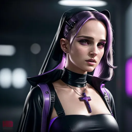 Prompt: Cyberpunk, Young Natalie Portman pig-tail purple hair, short dress, nun, cross around neck, raw photo, photorealistic, High Detail, dramatic, UHD, HDR raw photo, realistic, sharp focus, 8K high definition, insanely detailed, intricate, high quality, 