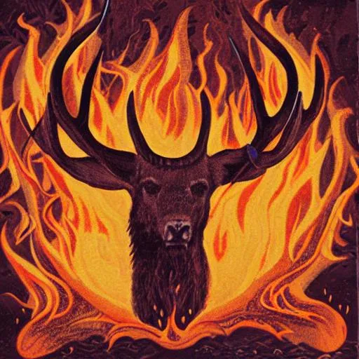 Prompt: Elk God Surrounded in flames 