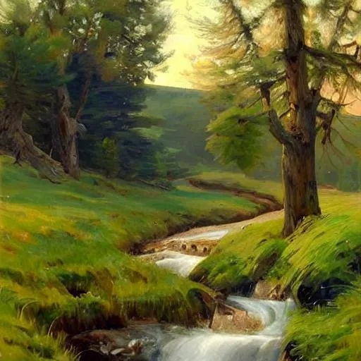 Prompt: A detailed South Dakota landscape with a stream in the style of Peder Mork Monsted