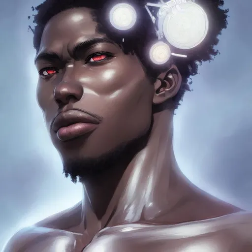 Prompt: A powerful vloseup face portrait of a black man, smooth soft skin, big dreamy eyes, beautiful intricate colored hair, symmetrical, anime wide eyes, soft lighting, detailed face, by makoto shinkai, stanley artgerm lau, wlop, rossdraws, concept art, digital painting, looking into camera