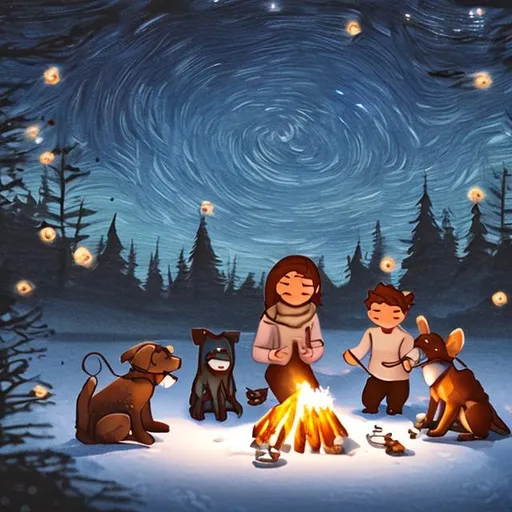 Prompt: tiny friends and a dog making smores at tiny wooden campfire string lights on a starry night in the snow
