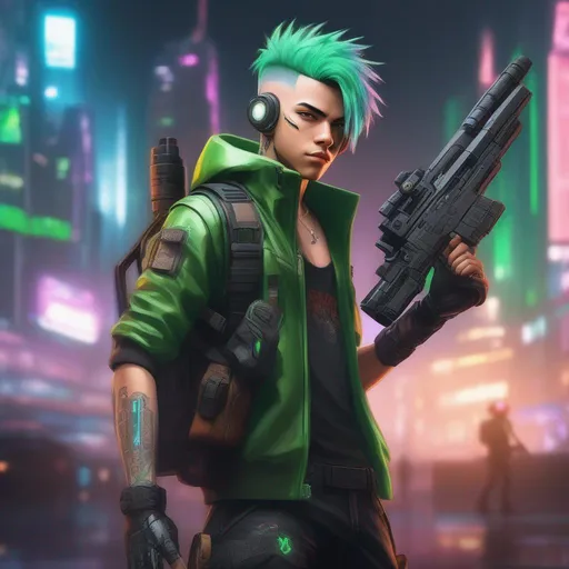 Prompt: Picture shows a 19 year old male full body image with green hair. He is a cyborg and has a cyberpunk LED eye visor. He is holding two cyberpunk guns in his hands and facing the viewer with a smirk. He is wearing an army vest, black shirt  and brown track pans. The background is of a cyberpunk, furturistic city. 