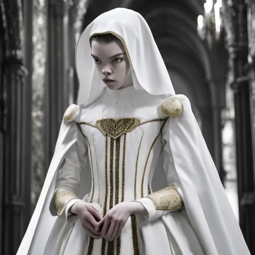 Prompt: monochrome, anya taylor-joy, beautiful, pale, white, tall, skinny, anorexic, nun, black gown, gold details