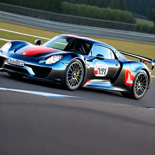 Prompt: Porsche 918 taking a corner at the nurbergring  at night