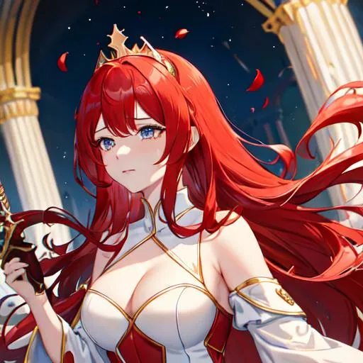 Prompt: Haley as a horse girl with bright red side-swept hair, crying, wearing a white and gold blood stained gown , wearing a crown, holding a dagger. 