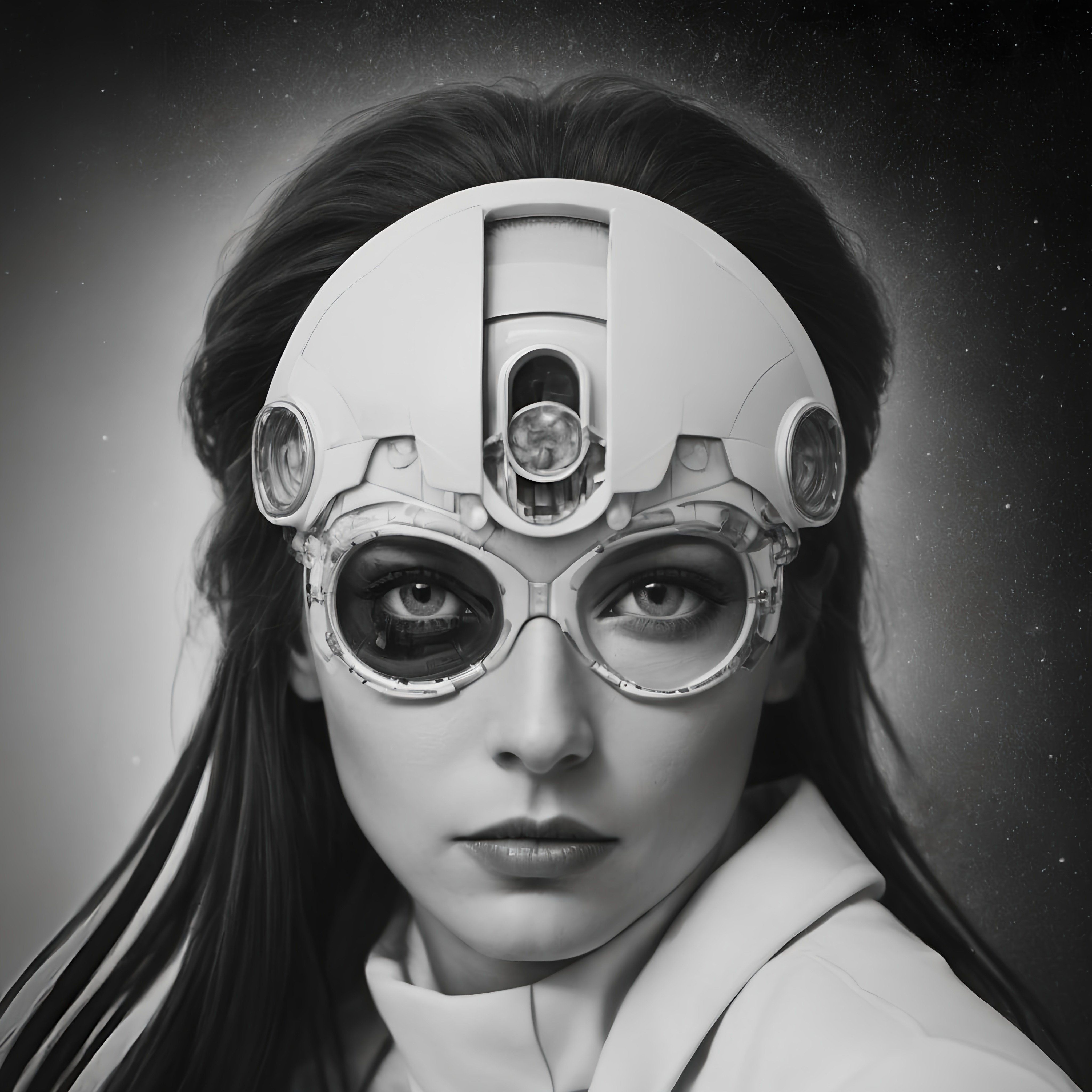 Prompt: a woman with a futuristic helmet and glasses on her head and a camera, with a space background, detailed painting