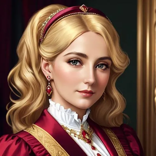 Prompt: Wealthy, stylish lady of the Victorian era, blonde hair, wearing ruby and gold jewelry, wearing ,facial closeup