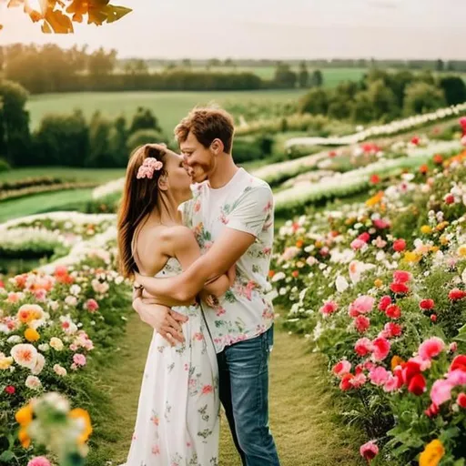 Prompt: flowery fields and couples in love and nature