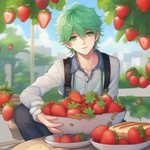 Prompt:   anime boy manhwa style cute and pretty, with eye pretty detailed, Strawberries bread , with green hair, 