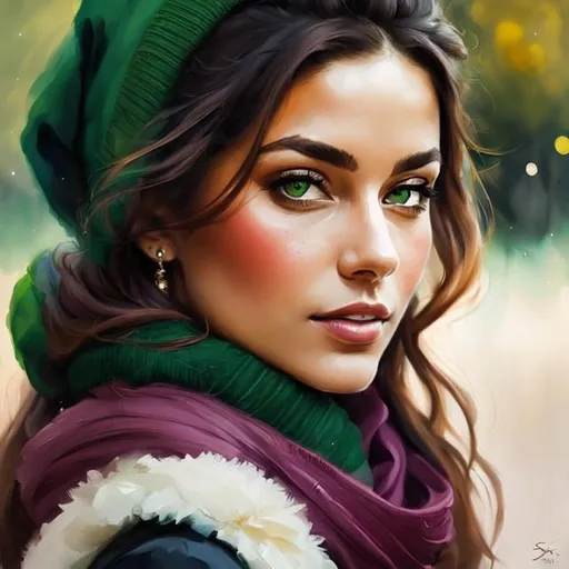 Prompt: a woman wearing a green scarf