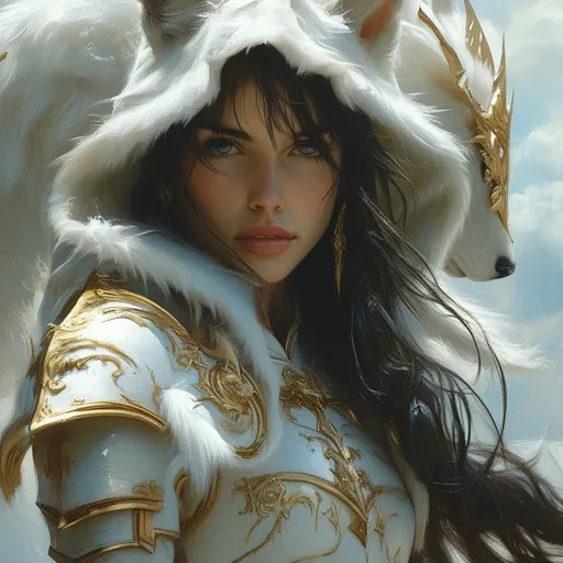 Prompt: (epic fantasy character art), a woman with (long flowing dark hair), wearing (white metallic armor) and a (white and gold furry cape), riding on a majestic mythical creature, capturing the grandeur of a fantasy realm, intricate detail, full of dynamic movement, rich textures, enchanted atmosphere, dramatic lighting, vivid contrast, inspiration from Aleksi Briclot's furry art, ultra-detailed, high quality.