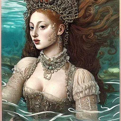 Prompt: woman in 16th century dress underwater lounging.  hair, elaborate hair, fabric, lace, bubbles. French hood, jewels, queen.  deep water.