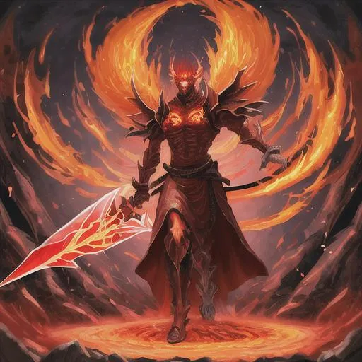 Prompt: fire demon with giant sword walking through fire
