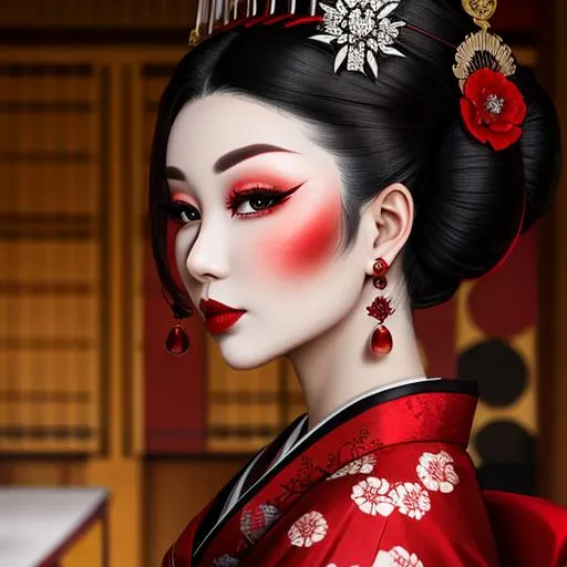 Prompt: Ruby lady-a geisha all in red, full face, elegant, facial closeup